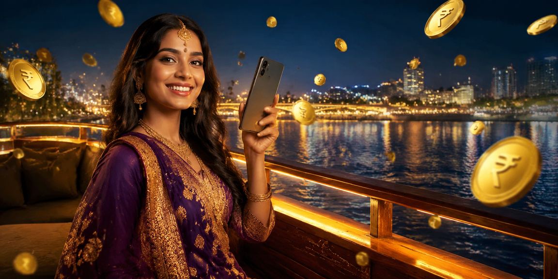 A young Indian woman celebrating bonus win near Ahmedabad Riverfront