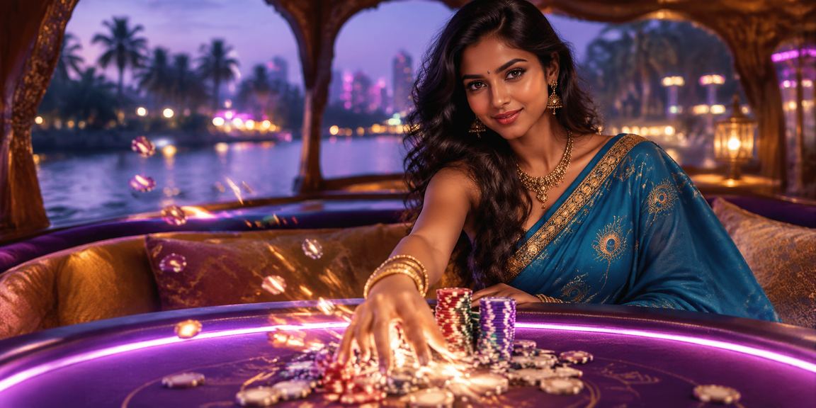 Elegant Indian woman enjoying secure online baccarat play in Kerala backwaters