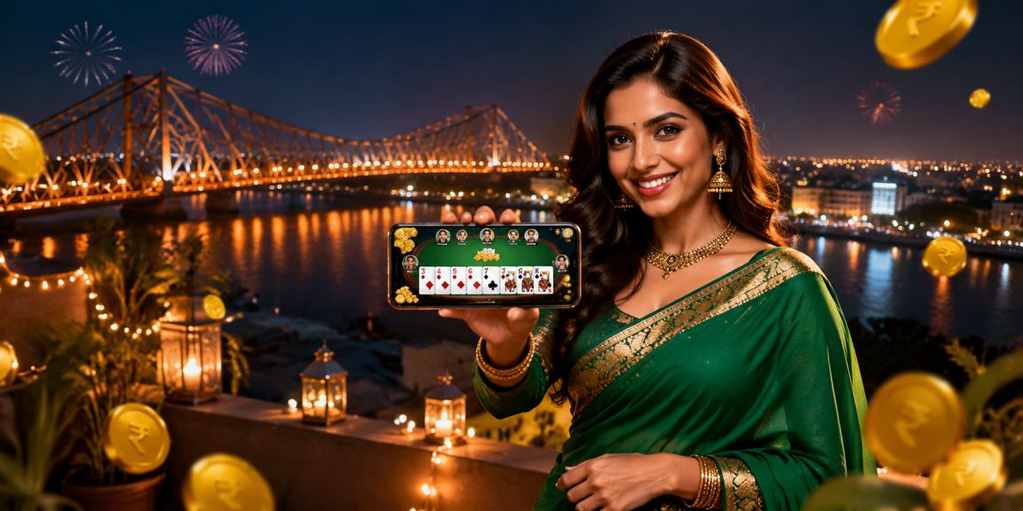 Indian player enjoying Teen Patti and promos near Kolkata Howrah Bridge